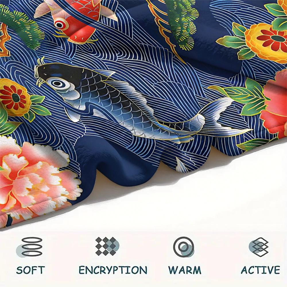1Pc Goldfish Peacocks Print Flannel Blanket, High quality Comfortable for All Seasons, Home Decor, Warmth and Comfort, Perfect for Christmas Gifts