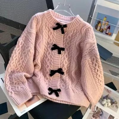 Cardigan Ženy Korejské recenze Oblečení Mašle Svetr Bunda Volný úplet Dlouhý rukáv Top Y2K Dívčí svrchní oblečení s výstřihem do O Podzim Zima