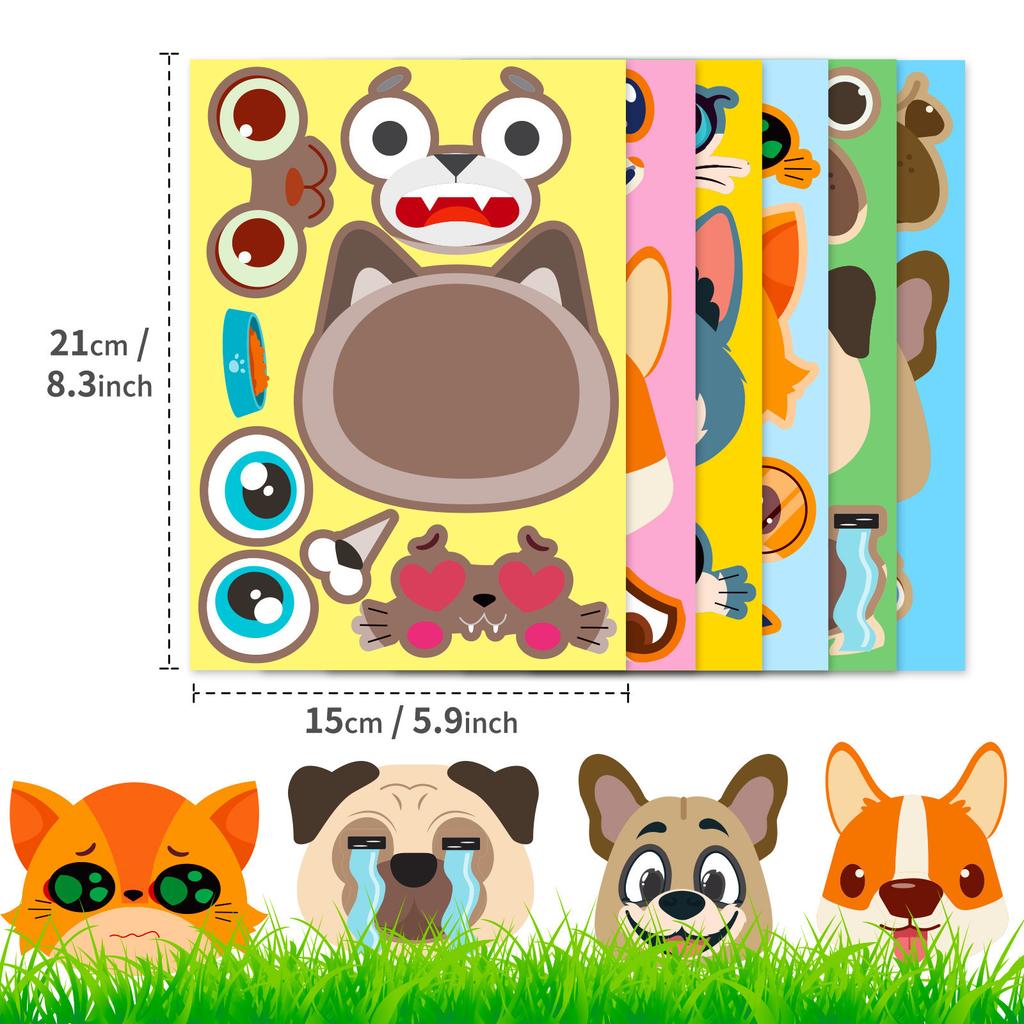 6 Photos/package Cat and Dog Face Change Stickers DIY Face Change Puzzle Stickers Make A Face Toy Waterproof Stickers