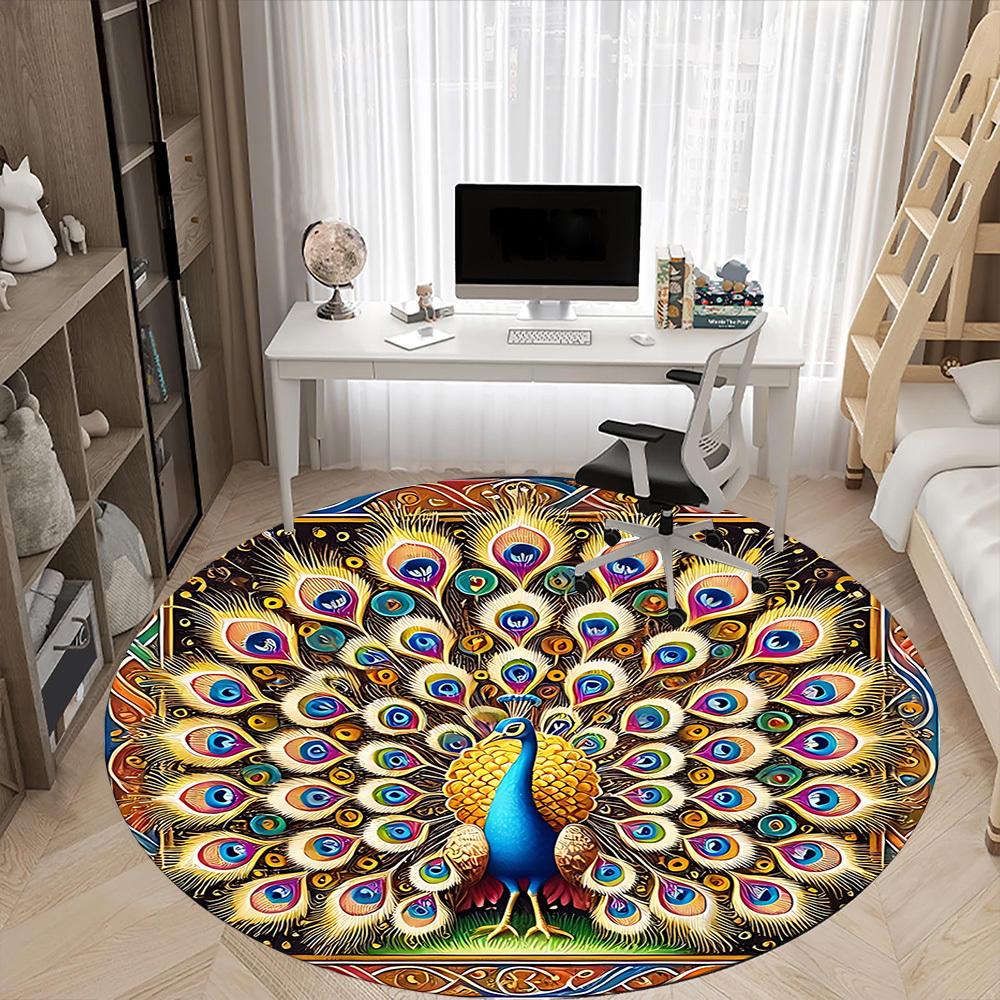 1pc Peacock Feather Office Round Area Rug, Under Office Chairs Bedroom Living Room Home Decor, Room Deco, Available in Various Sizes L1024358