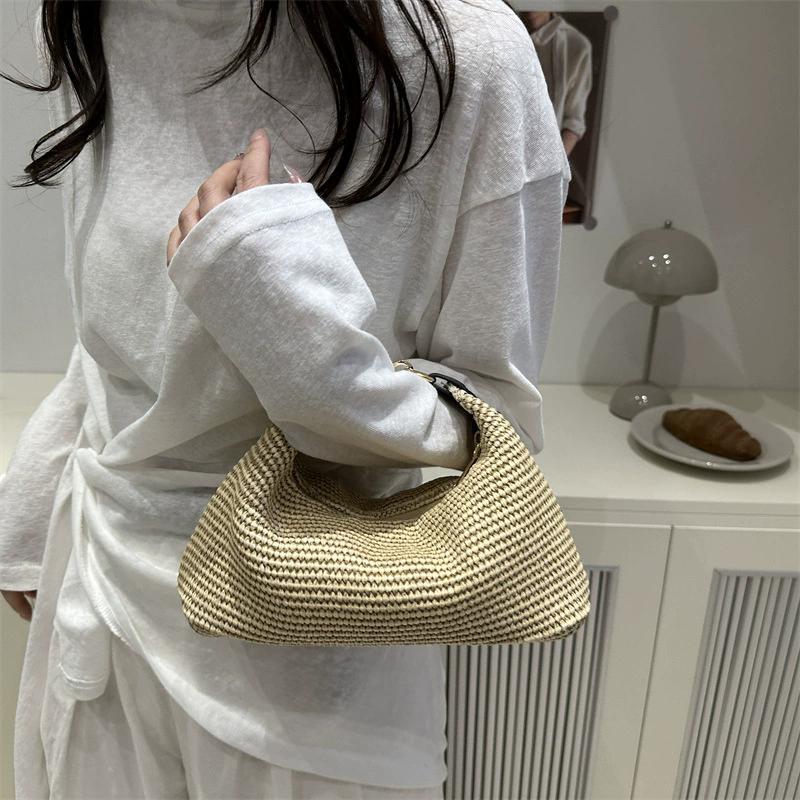 Raffia Straw Woven Clutch Purse Hobo Dumpling Women Handbag Summer Beach Grass Braided Solid Color Evening Bag KTB