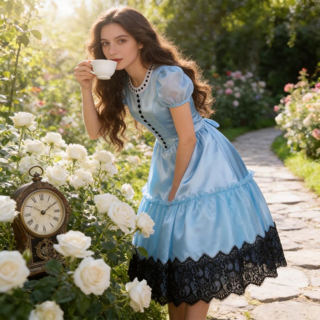 Alice In Wonderland Cosplay Dress Vintage Blue Polyester Long Skirt For Halloween Costumes