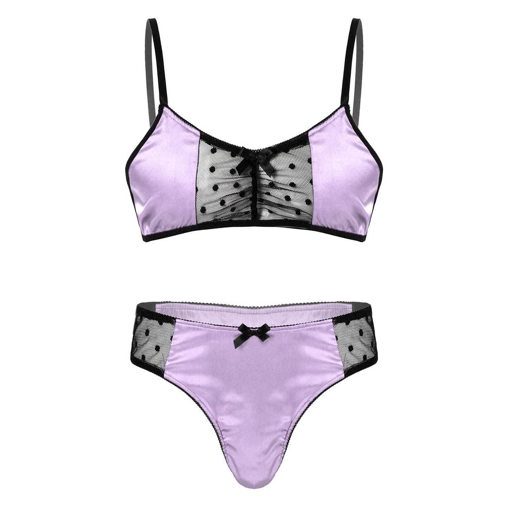 Sissy Lingerie Nightwear for Men Satin Sheer Mesh Bra Top Adjustable Spaghetti Straps with Matching Thong Briefs