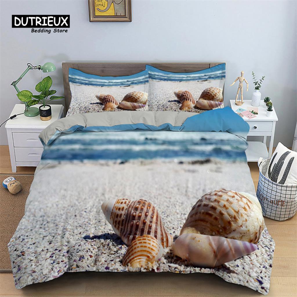 Seestern Muschel Strand Bettwäsche Set Mikrofaser Küste mit Sand mit buntem verschiedenen Muscheldruck Bettbezug Schlafzimmerdeko