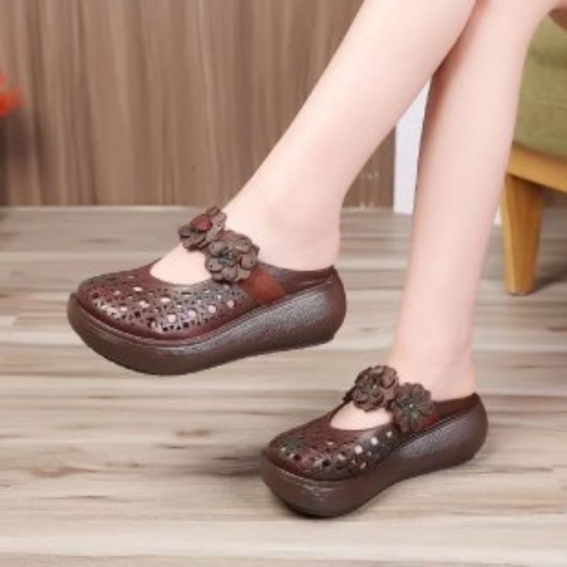 New Soft Leather Shoes for Women, Retro Wedge Heel, Toe Cap, Half-slipper, Hollowed-out Cool Slippers