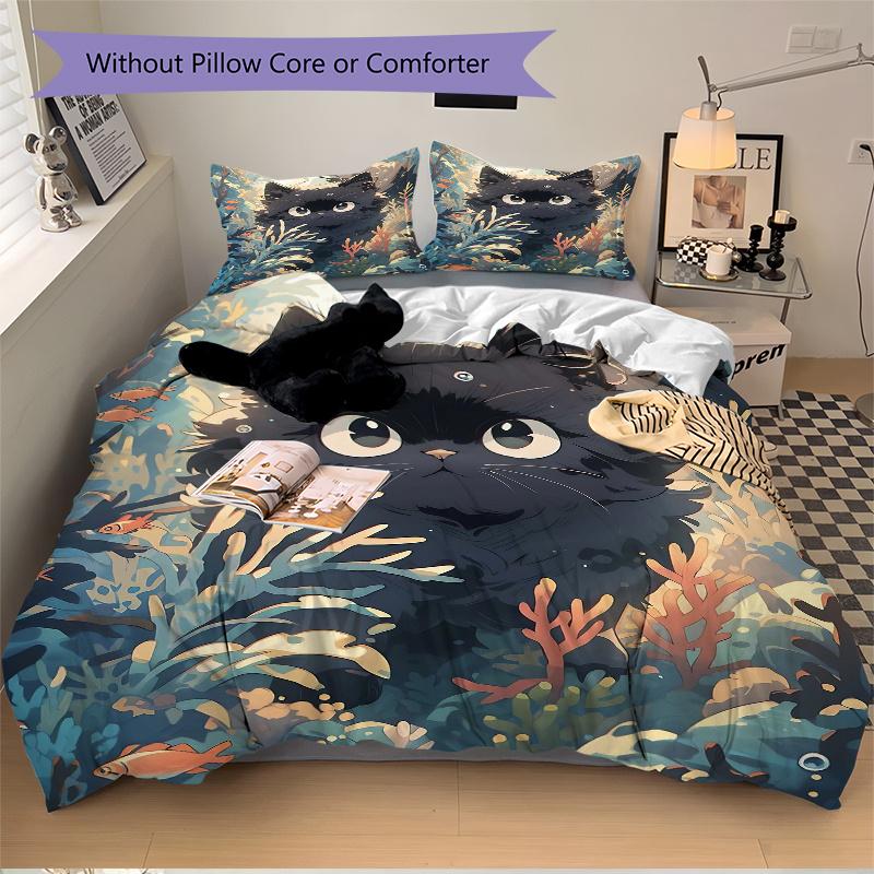 3pcs Temperamental Black Cat Bedding Set - Includes Quilt Cover and Pillowcases, Suitable for All Seasons, Machine Washable - Ideal Gift for