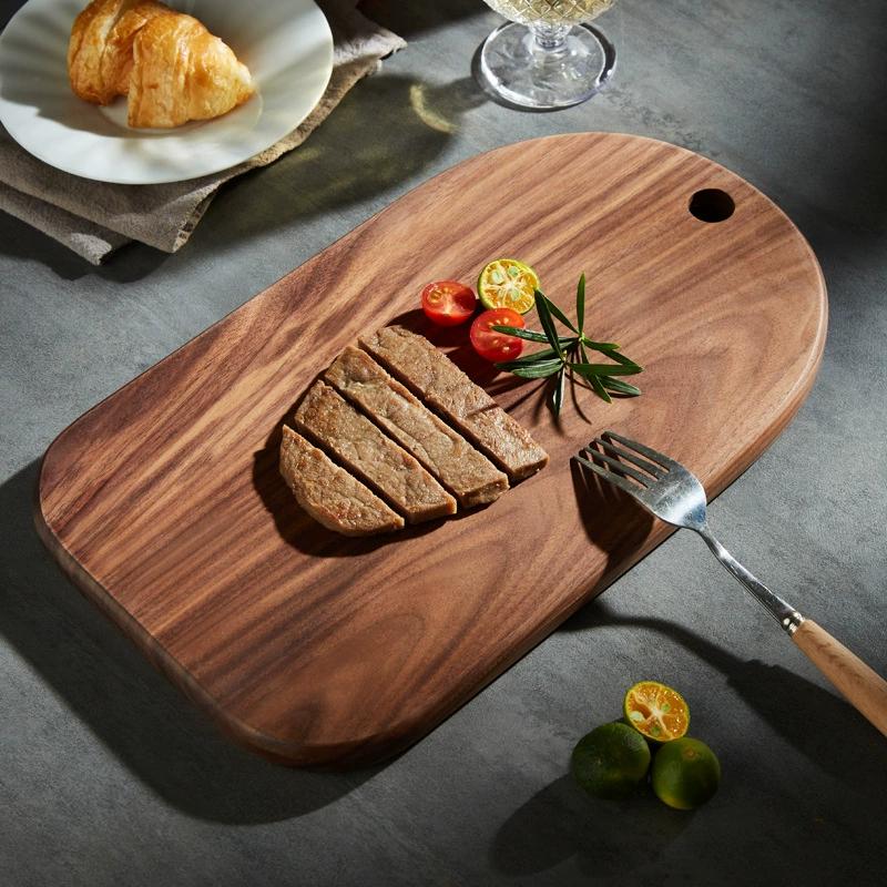 1pc Oval Wood Cutting Board, Solid Wood Black Walnut Wooden Chopping Boards for Bread, Vegetables & Fruits, Dinner Cheese Board with Hole,4 Size