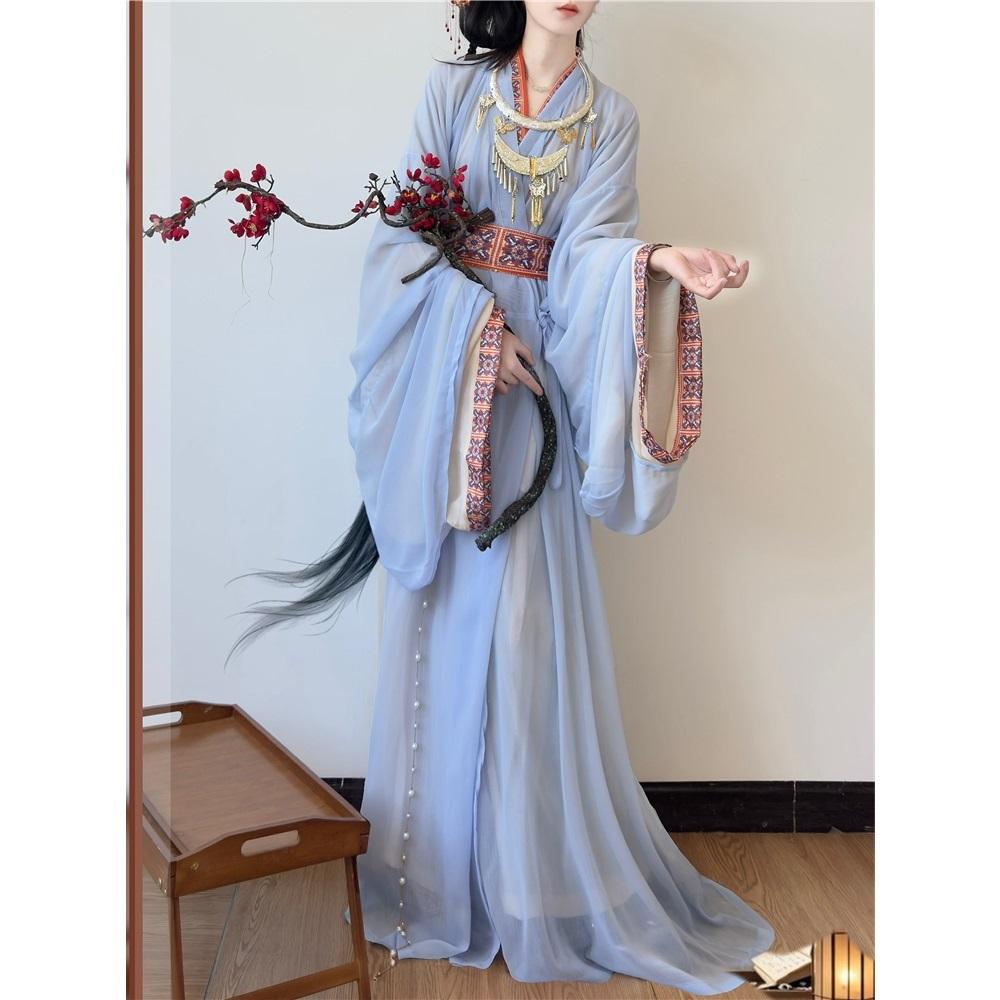 Original restauriertes Hanfu-Set für Frauen aus der Zeit der Streitenden Reiche, Zhiju, Kreuzkragen, weite Ärmel, locker, gerader Saum, Robe, traditionelles chinesisches Kostüm