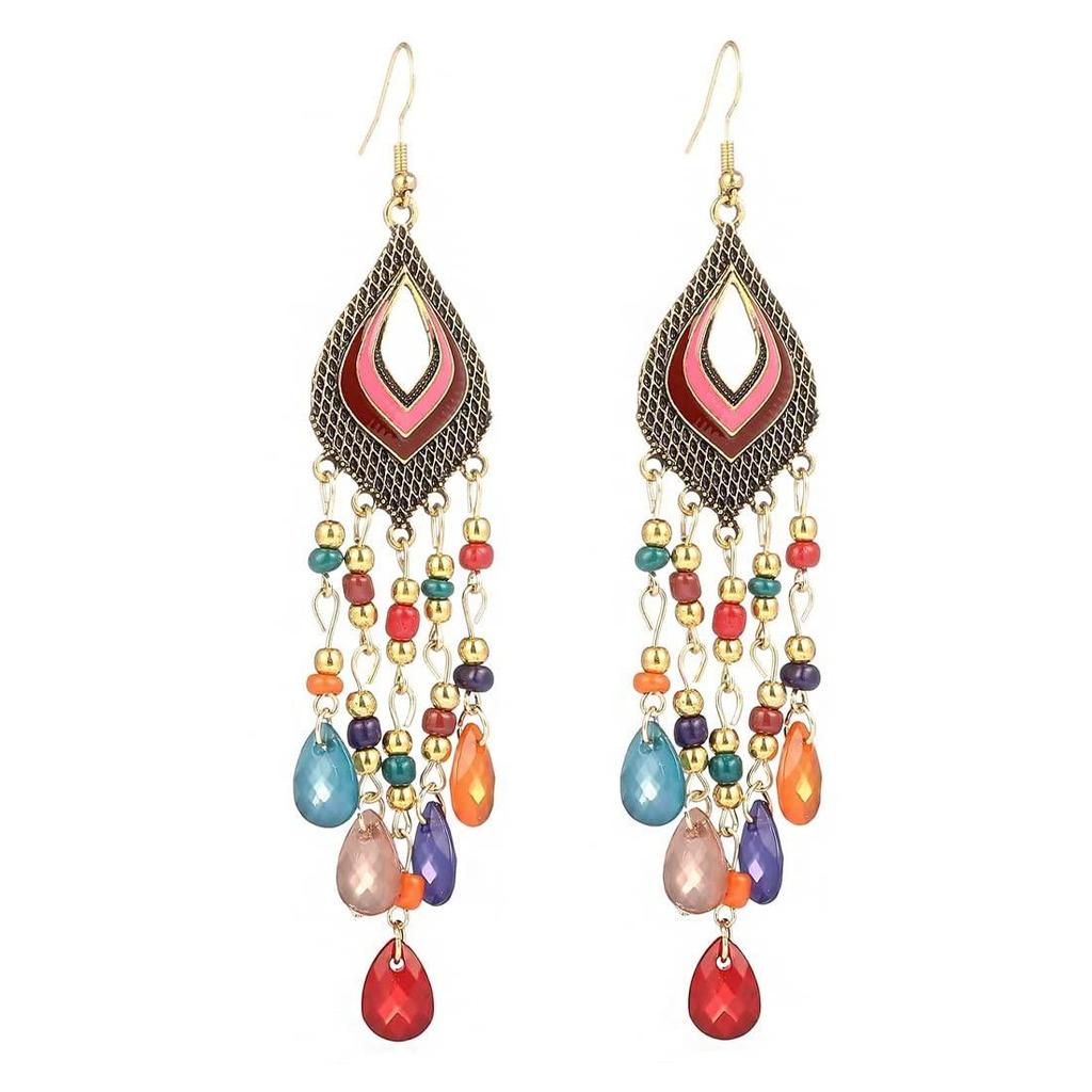 Women and Girls Fashion Dangler Earrings | Gold Plated Long Beaded Tassel Earrings Bohemia Dangler Earrings