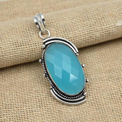 Faceted Blue Chalcedony Gemstone 925 Sterling Silver Handmade Fancy Pendant For Gifts
