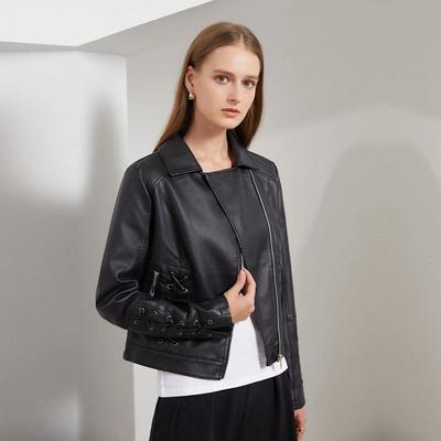 Giacca da donna in pelle PU tinta unita con colletto rovesciato a maniche lunghe intrecciata con lacci S-4XL
