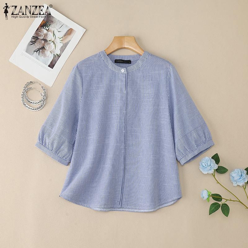 ZANZEA Damen Sommer Rundhals Halbarm Lässige Streifenbluse