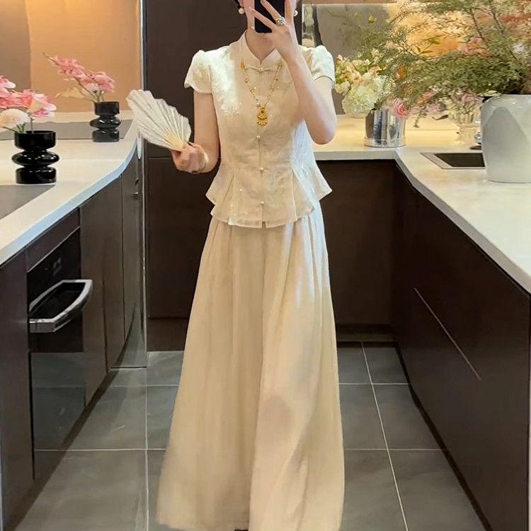 Summer Chinese Style Apricot Frog Button Skirt-Pants Suit for Women - Elegant & Luxurious