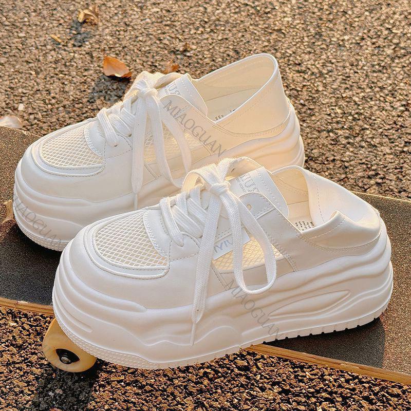 Fashion Lightweight Mesh Breathable Platform White Sneaker Women Spring Summer Shoes Casual Lace Up Flat Bottom Heighten Vulcanize Shoes