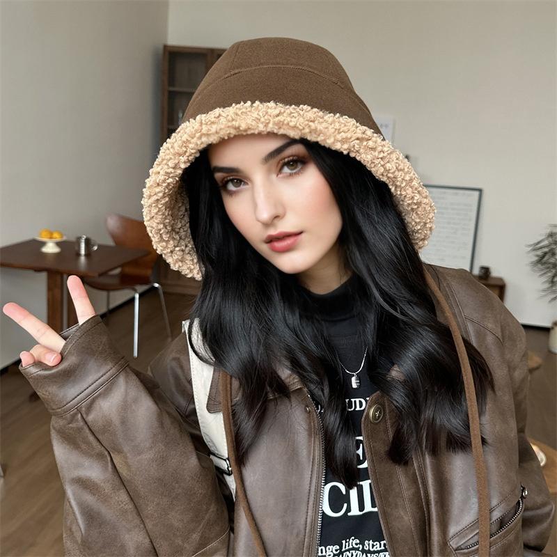 1PC Faux Shearling Warm Windproof Fashion Face Slimming Thickened Plush All-Match Bucket Hat Korean Women Winter 57.5cm