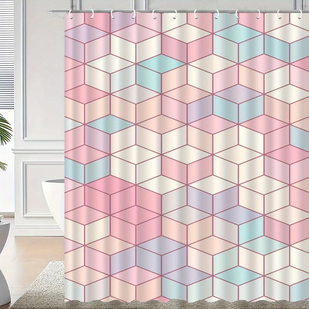 Hexagon Plaid Shower Curtain, Pastel Colors, Machine Washable Polyester with Hooks, Modern Bath Decor
