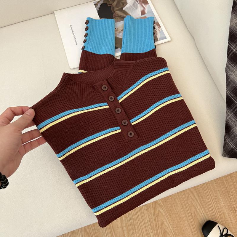 Echter Herbst- und Winter-Kontrastfarben-gestreifter Halbrollkragen-Strickpullover mit langen Ärmeln
