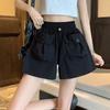 Hose Damen Sommer Hohe Taille und Dünnes Designgefühl Große Tasche Kordelzug A-Wort Lässige Weitbeinige Hose