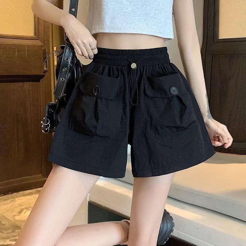 Hose Damen Sommer Hohe Taille und Dünnes Designgefühl Große Tasche Kordelzug A-Wort Lässige Weitbeinige Hose