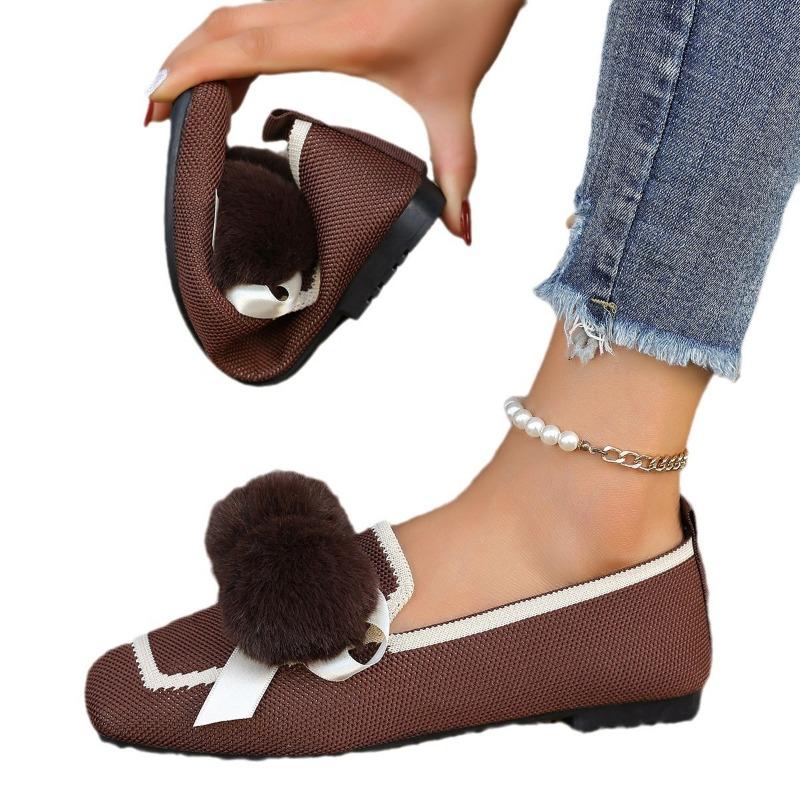 Large Size Fly-woven Breathable Flat-soled Single Shoes Women's Foot Glove Hairball Shallow Mouth Lazy Work Shoes