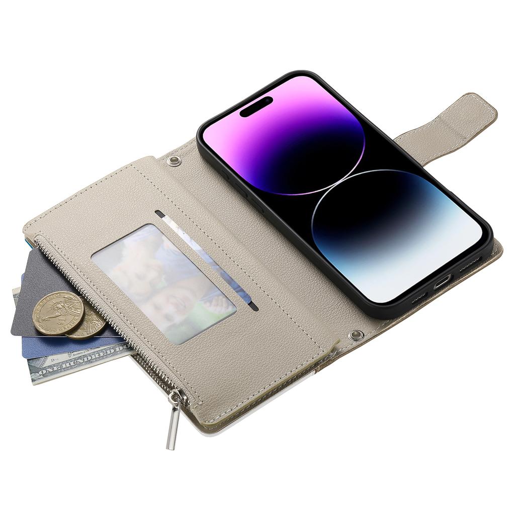 For iPhone 14 Pro Max Case Zipper Pocket Wallet Color Splicing Leather Flip Phone Cover with Straps