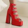 Plus Size Glossy Patent Leather Five-Row Metal Belt Buckle Sandals Square Toe Open-Toe Ultra-High Platform Side Zipper Sandals