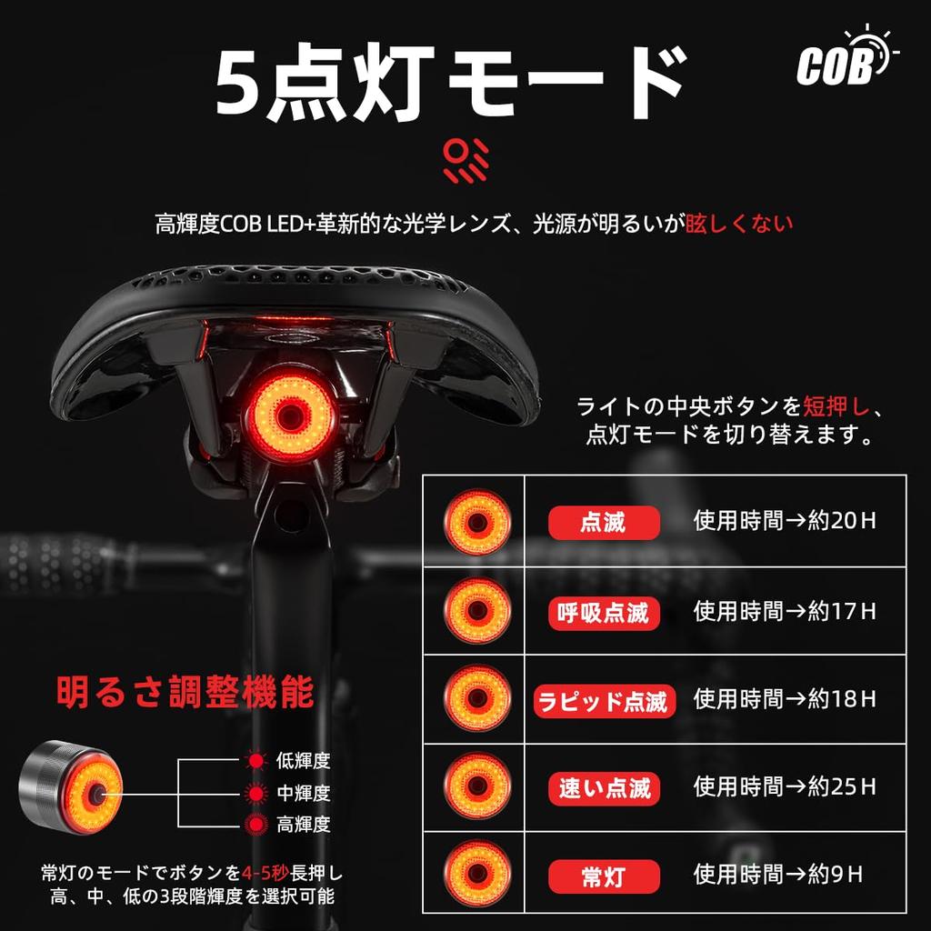 ROCKBROS Bicycle Tail Smart 5 Lighting Tail Brightness Battery Level Aluminum IPX6 Easy for Road Cross and Cycling Light, Auto-On, Brake-Sensing,