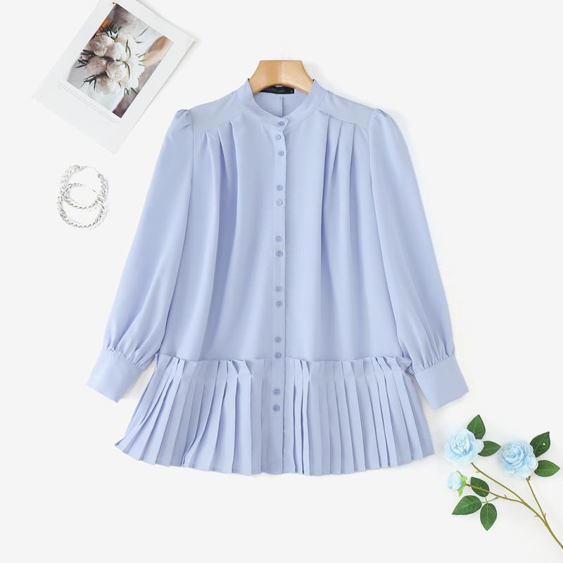 

ZANZEA Женская повседневная блузка с круглым вырезом, свободного кроя, с длинным рукавом, однотонная 3XL синий