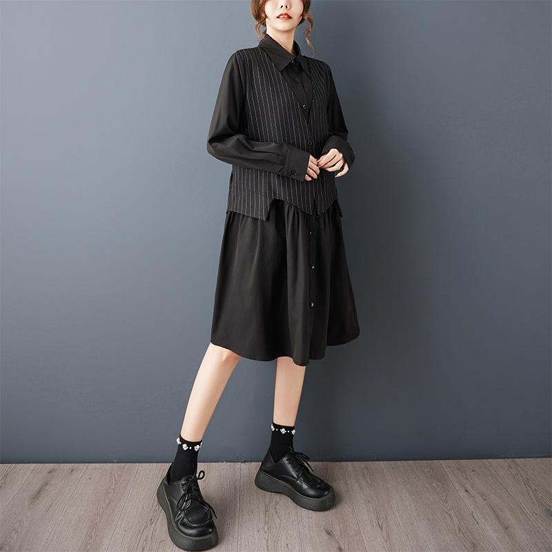 Spring 2026 Retro Hong Kong Style Black Striped Pleated Patchwork Two-Piece Women s Dress L чёрный
