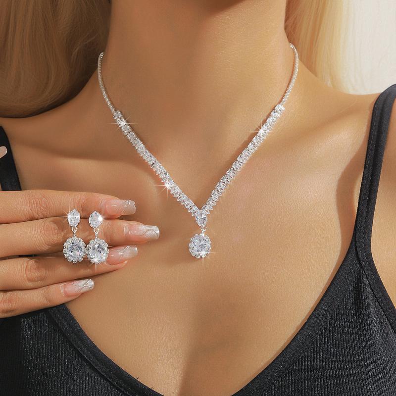 Fashion Simple Water Drop Crystal Rhinestone Necklace Earrings For Women Wedding Dress Accessories Light Luxury Jewelry Sets