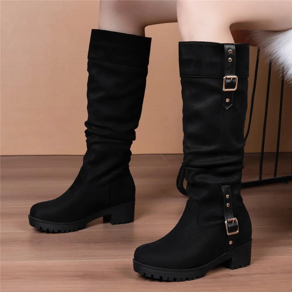 NEW Boots Women Knee High Boots Thick Heel Platform Boats Long Autumn Winter Was Thin Jane High Simple Botas Mujer