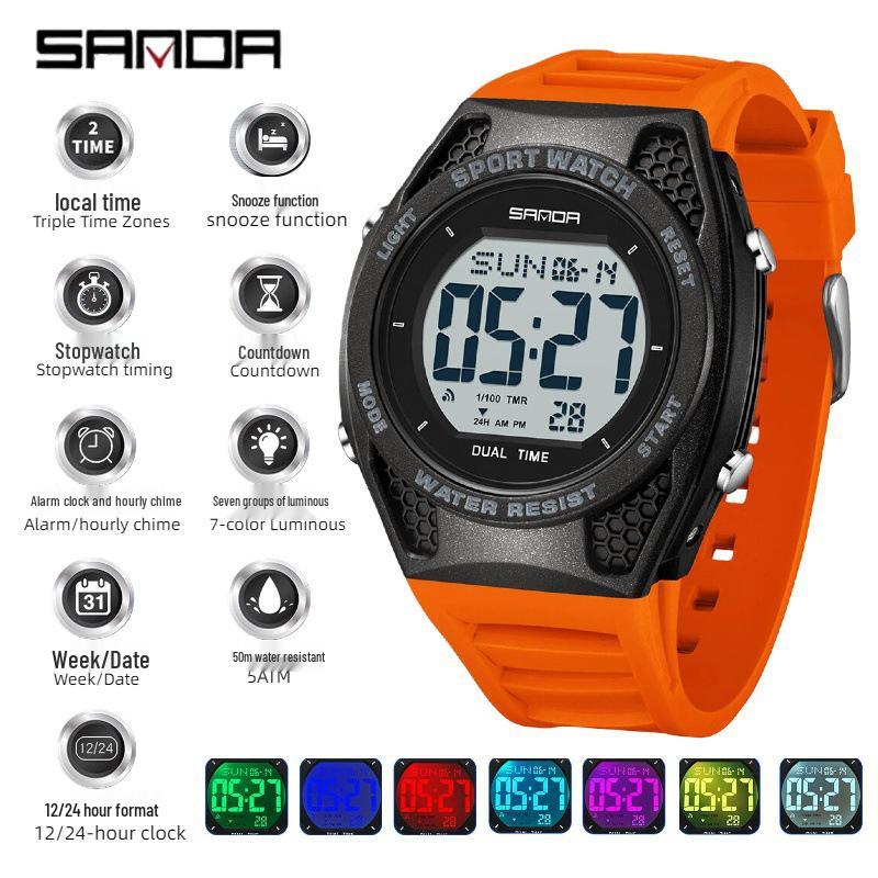 Sanda Multi-Function Waterproof Sport Watch with Alarm & Seven-Color Luminous Display