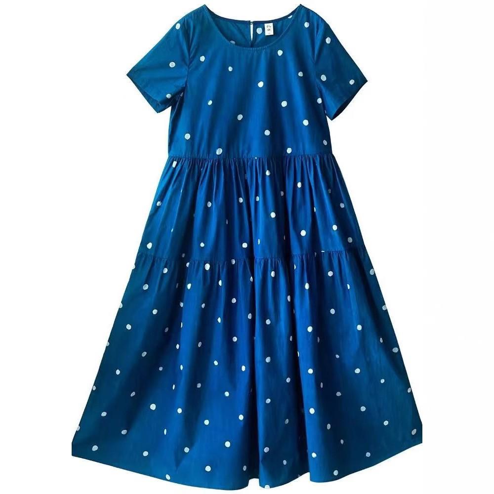 

Синее платье из хлопка в горошек, лето 2025, женское, новое, свободное, с круглым вырезом, короткими рукавами, темпераментное, длинное платье 2XL