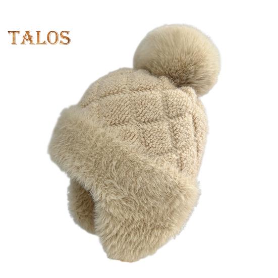 

Женская зимняя шапка с ушами, толстая плюшевая шапка с помпоном, защищающая уши, трикотажная, сохраняющая тепло, эластичная, для холодной погоды, уличный головной убор бежевый