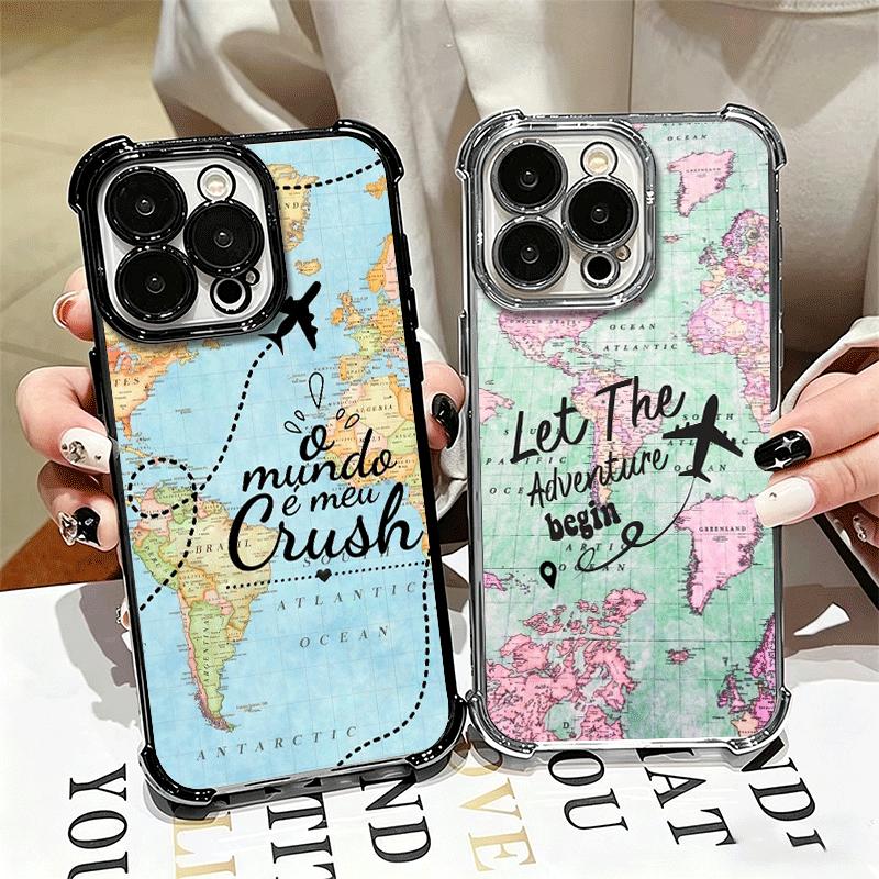 Travel Map Artistic Pattern Plating Phone Case For Iphone 16 17 Pro Max Air 16E 14 15 Plus 12 13 Mini Anti-Fall Airabag Cover