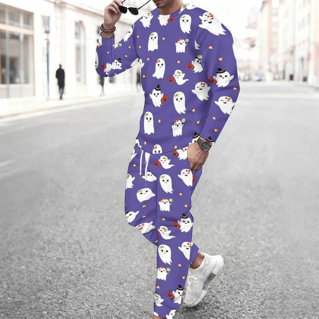 Men Black Base Farm Animal Pumpkin Sunflower Full Print Long Sleeve Sweatshirt Jogger Pants Two Piece Suit