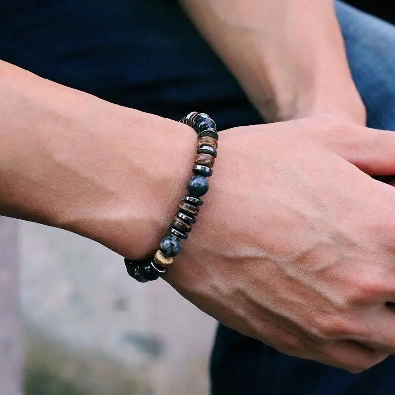 Nouveau Vintage hommes Bracelet pierre naturel bois Bracelet Homme hématite yeux de tigre Braslet noix de coco perle Brazalete Pulsera Hombre