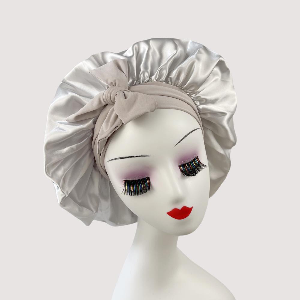 Silk Satin Sleep Cap with Ribbon Bow for Women - Elastic Wide Brim Bath Headscarf Hat for Hair Care