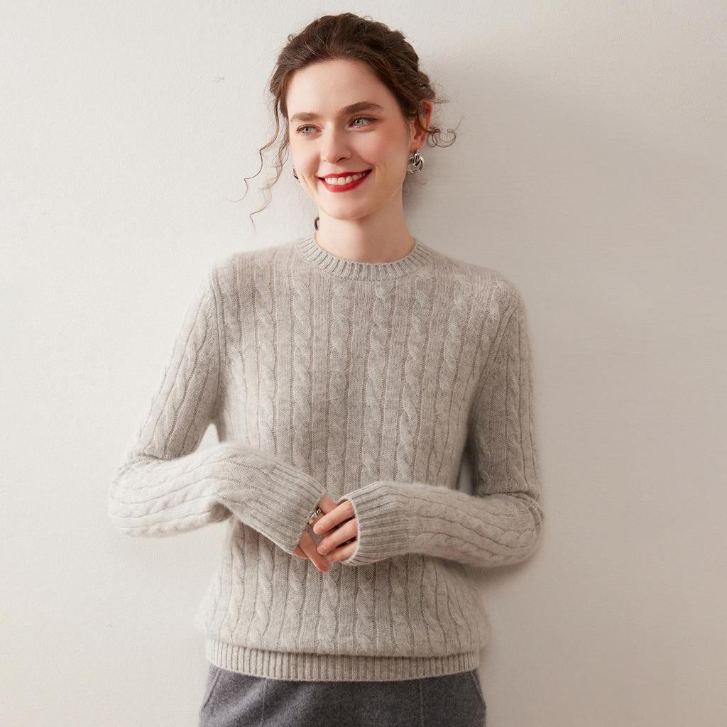 Women's Retro Cable Knit Cashmere Sweater - Autumn/Winter Slim Fit Round Neck Top