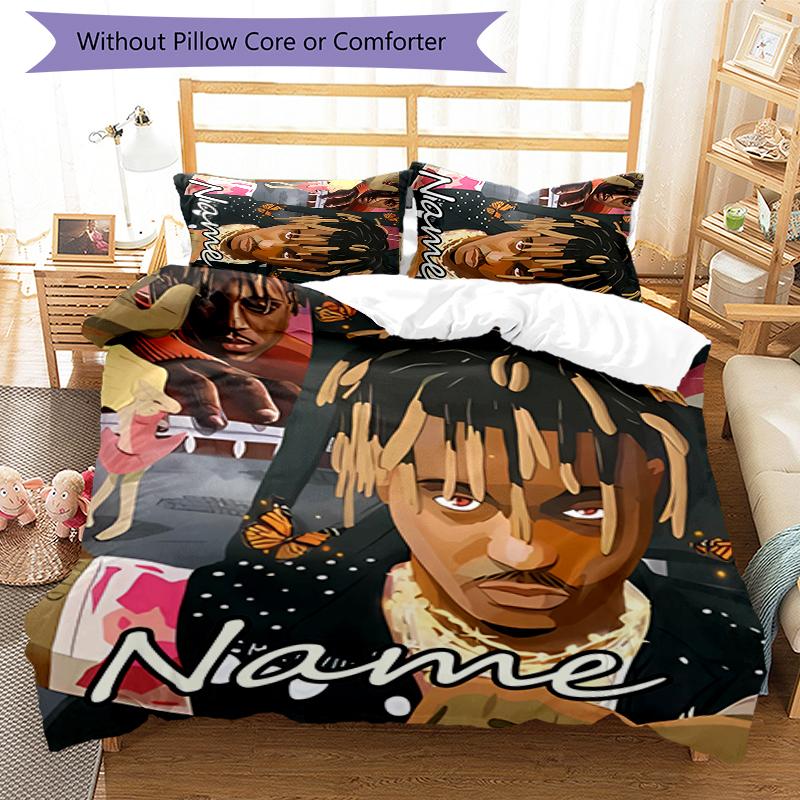3pcs Custom Name Cartoon Juice WRLD Bedding Set Duvet Cover Closure Includes 1 Duvet Cover & 2 Pillowcases for All Seasons Bedroom Decor