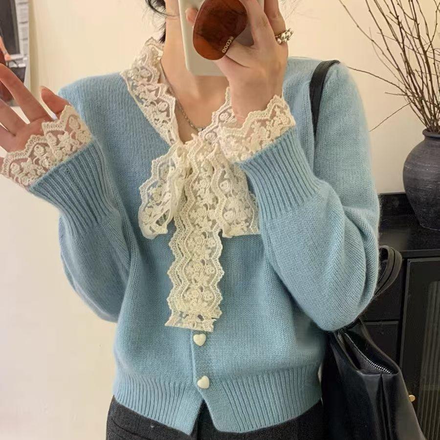 100Kg large size lace bow knitted cardigan jacket fat mm small fragrant style covering meat and showing thin sweater women