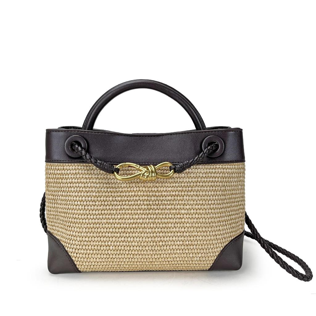 2026 New Eight Character Metal Bow Leather Splicing Lafite Grass Handmade Straw Single Shoulder Crossarm Handbag