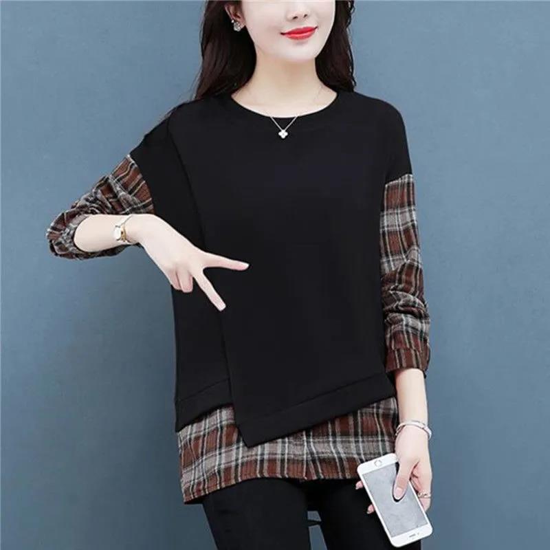 Women Plaid Stitching Shirt Summer Fake Two-piece T-shirt Boutique Casual Pullover Trendy Bottoming Shirt