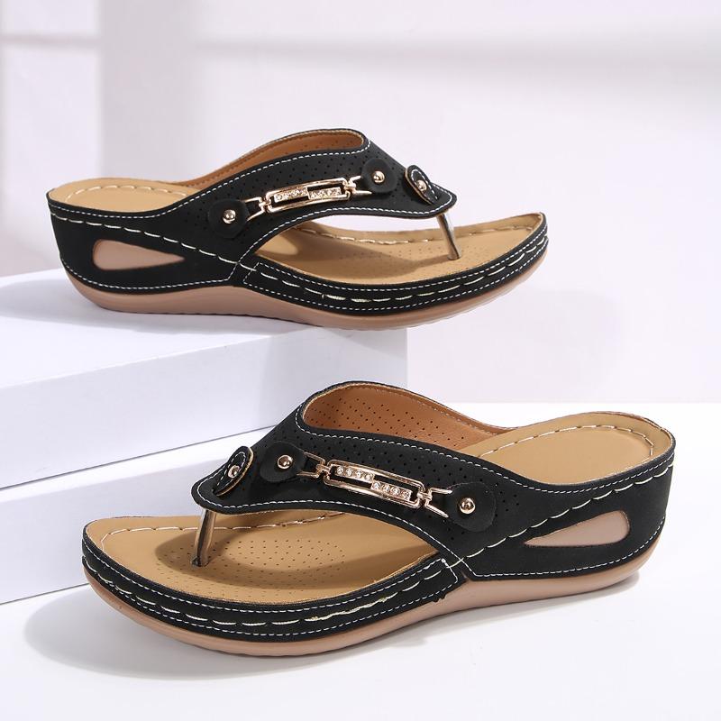 Fashion Women's Summer New Plus Size Wedge Casual Breathable Lightweight Stitch Toe Sandals Soft Sole Non-Slip Flip Flops