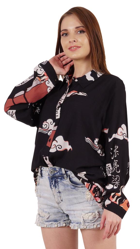 Inkmeso Printed Long Sleeve Oversized Shirt For Women S Loose Fit Button-Down Shirts