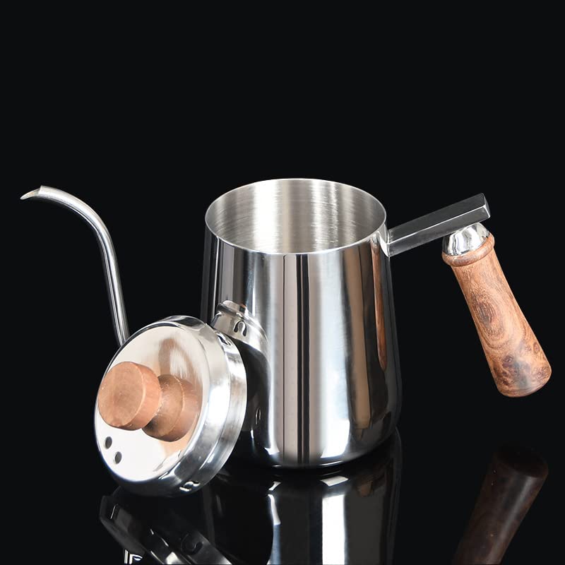 FUN COFFEE Drip Pot, Direct Heat, Narrow Mouth, 600ml, Popular Drip Pot with Wooden Handle, Stainless Steel, and Lid (co-0005)