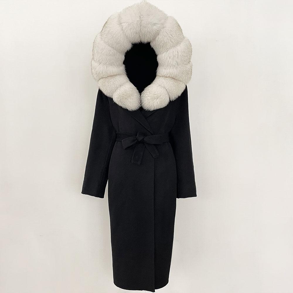 OFTBUY Winter Women Coat Real Natural Fox Fur Hooded Detachable Collar Double-faced Woolen Jacket Long Casual Elegant Overwears