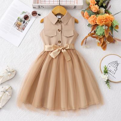 Girls (size) Dress, Solid Color Sleeveless Lapel Mesh Dress with Woven Belt