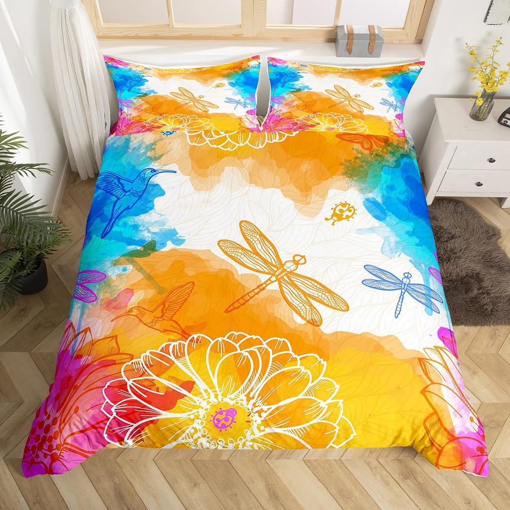 Schmetterling Libellen Bettbezug Set Löwenzahn Bettwäsche Set Libelle Geschenk für Frauen Mädchen,Blumen Botanisch Unkraut Bettdeckenbezug