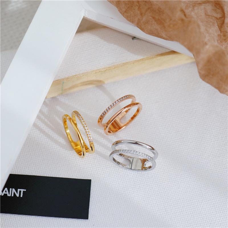 Korean-Style Gold-Plated Double Layer Micro-Paved Diamond Couple Rings for Index Finger - Simple and Fashionable